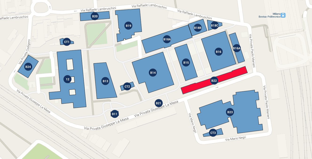 Plan of the Bovisa La Masa campus. Building B22, which houses SIGMA Lab, is highlighted in red between Via Privata Giuseppe La Masa and Via Privata Paolo Mariani, next to Milano Bovisa-Politecnico station.